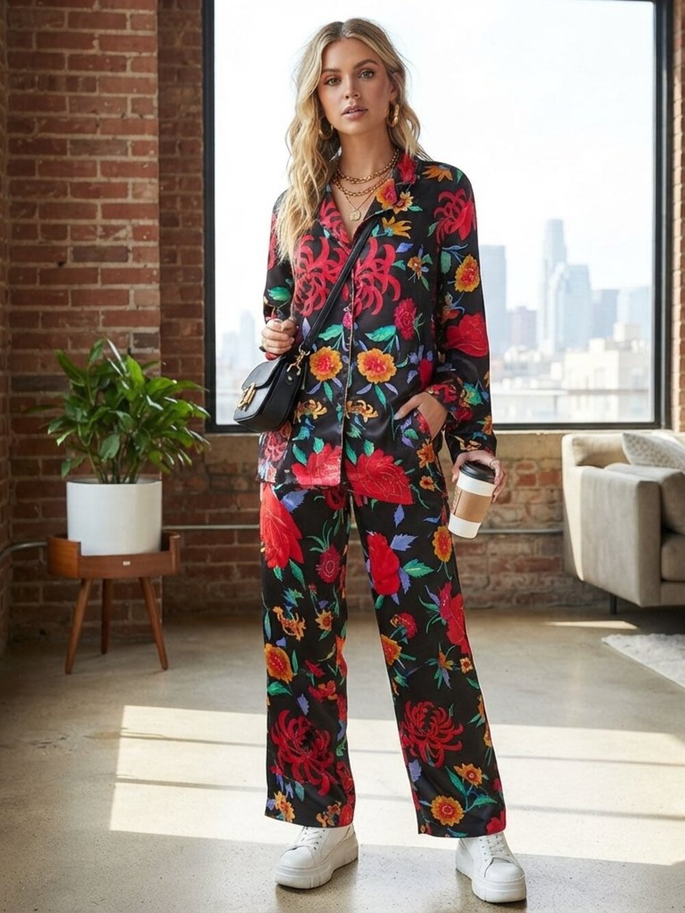 Natori Silk Feel Floral PJ Set Lounge Pants Button Down Top L